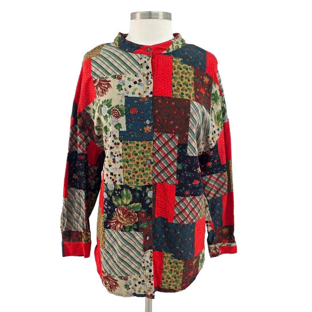 Womens Button Up Patchwork Top Womens Size L Multicolor Long Sleeve Boho Art